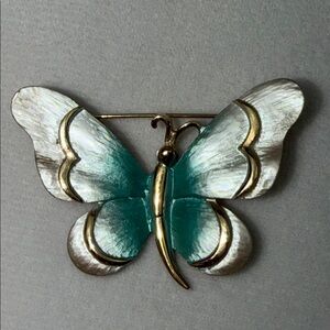 Vintage Butterfly Brooch Pearlescent Enamel Pin Gold Tone Rare